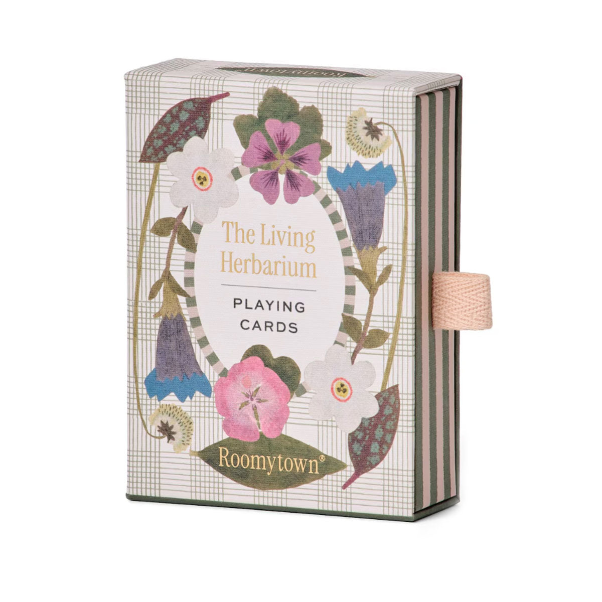Box of 'The Living Herbarium' playing cards with floral design and 'Roomytown' branding.