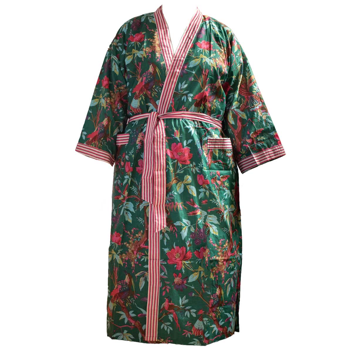 Cotton Robe Green with Pink Flowers