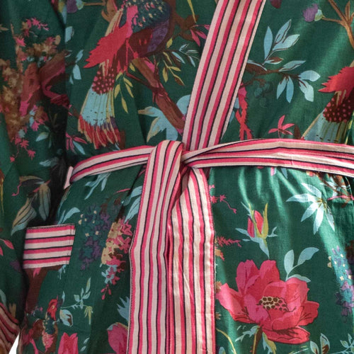 Cotton Robe Green with Pink Flowers