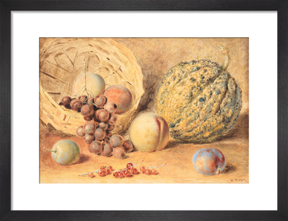 Basket with melon, peaches, grapes and plums (art print, small, black)
