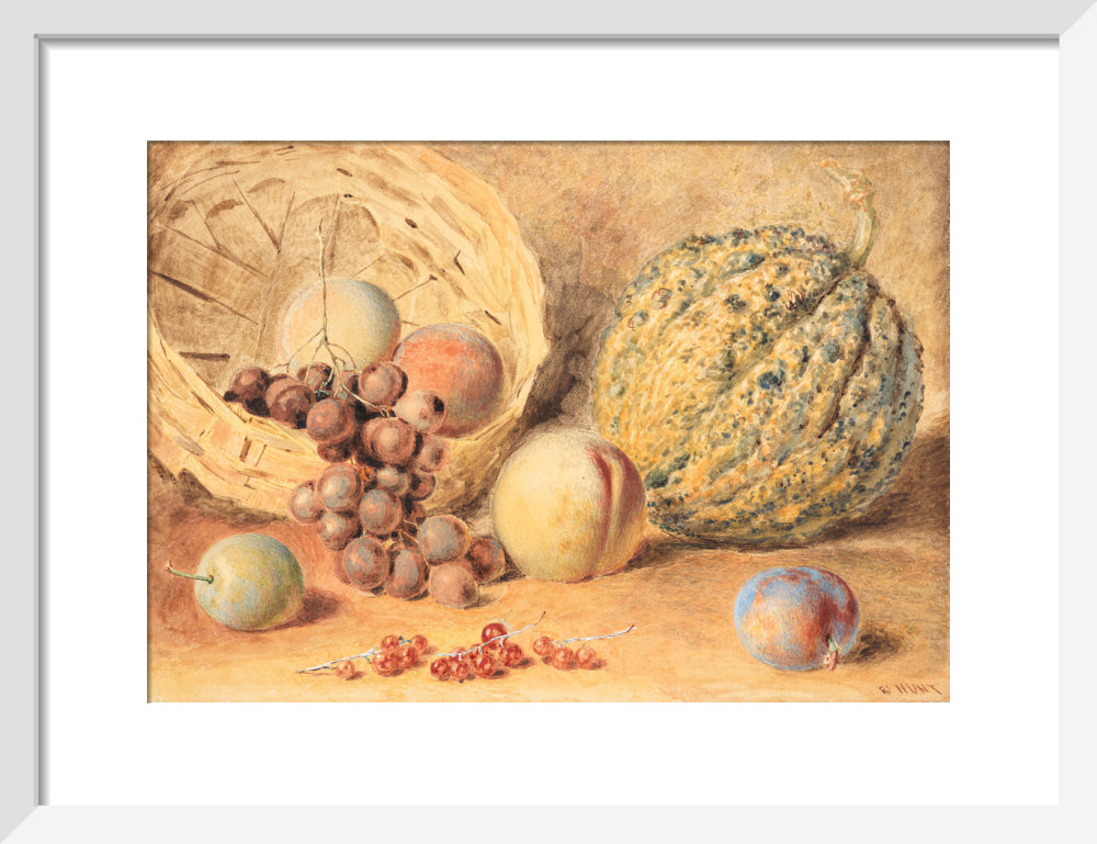 Basket with melon, peaches, grapes and plums (art print, small, white)