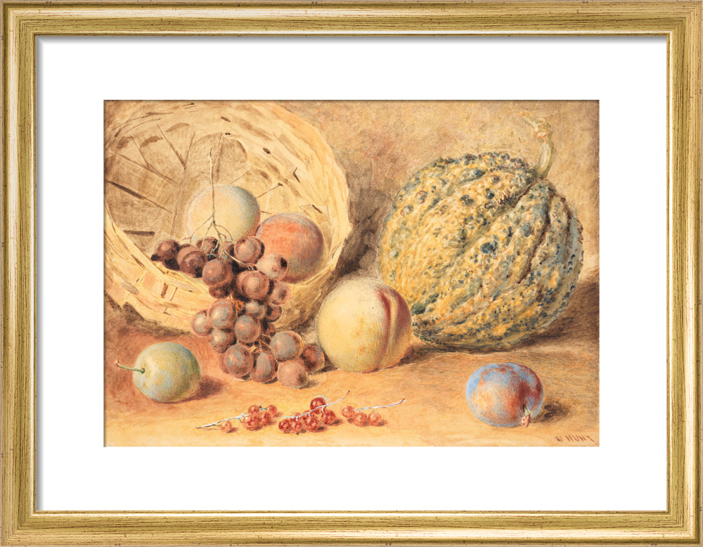 Basket with melon, peaches, grapes and plums (art print, small, gold)