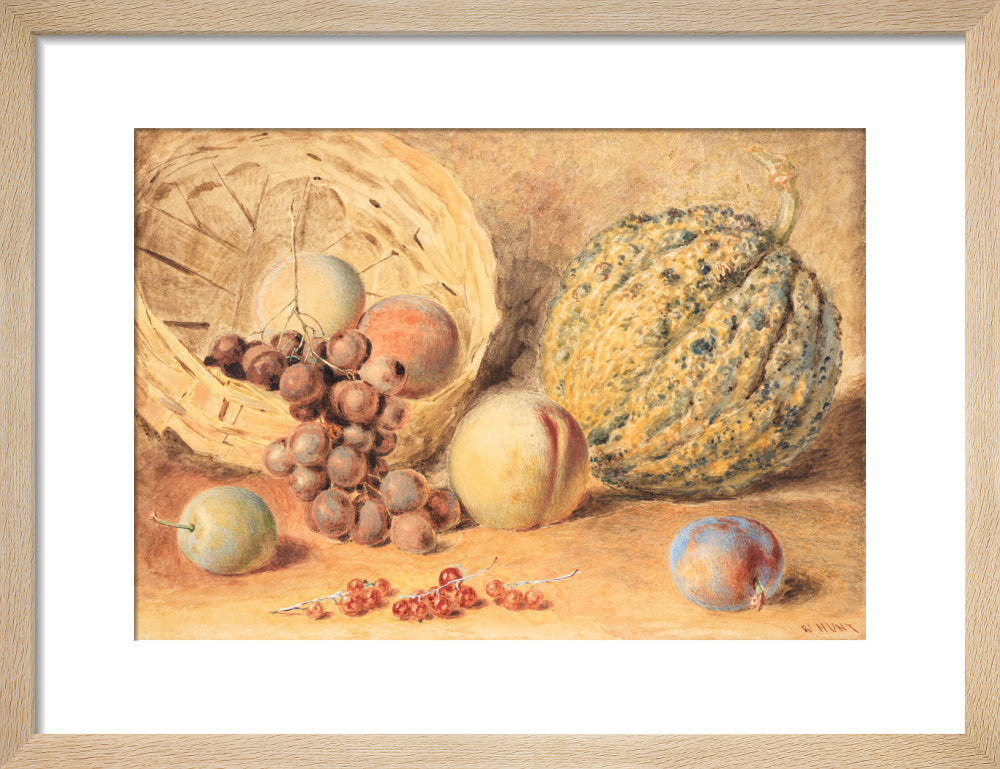 Basket with melon, peaches, grapes and plums (art print, small, natural)