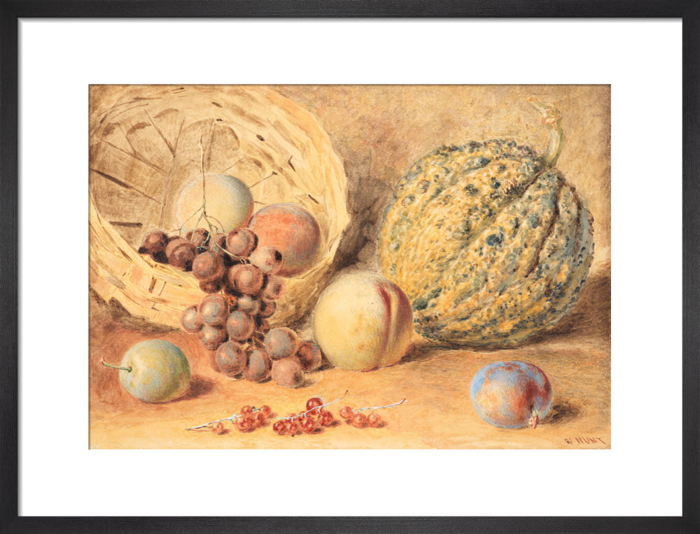 Basket with melon, peaches, grapes and plums (art print, medium, black)