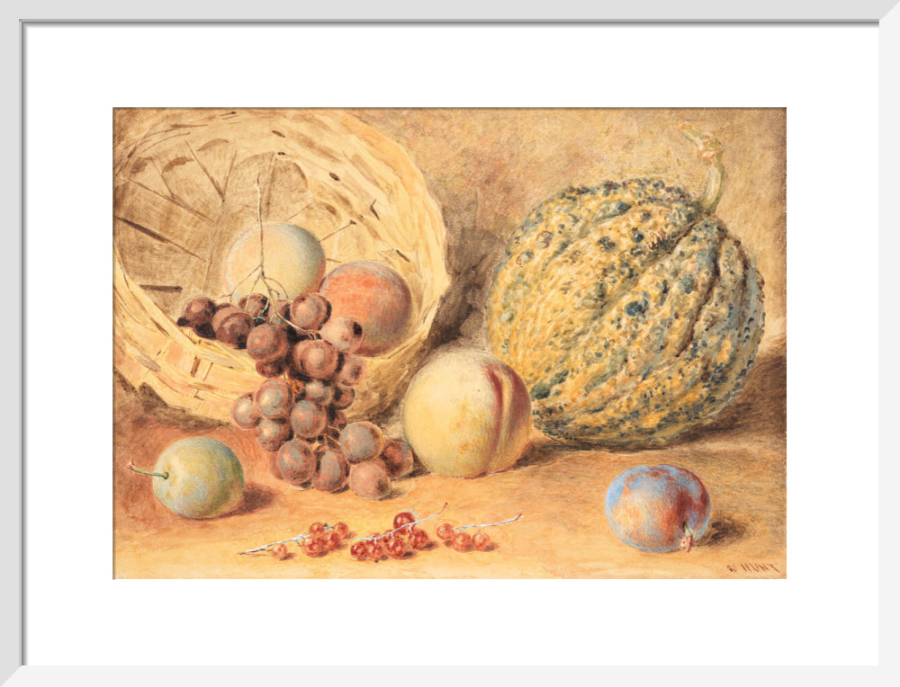 Basket with melon, peaches, grapes and plums (art print, medium, white)