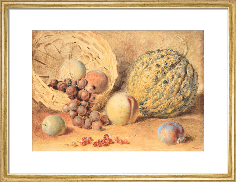 Basket with melon, peaches, grapes and plums (art print, medium, gold)