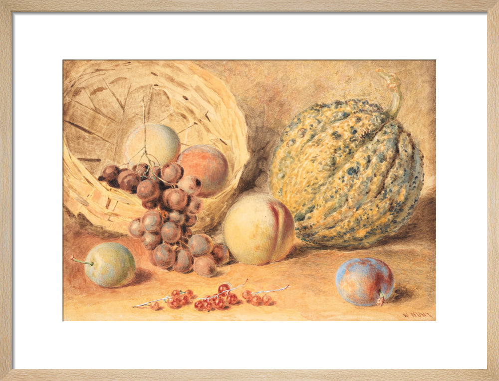 Basket with melon, peaches, grapes and plums (art print, medium, natural)