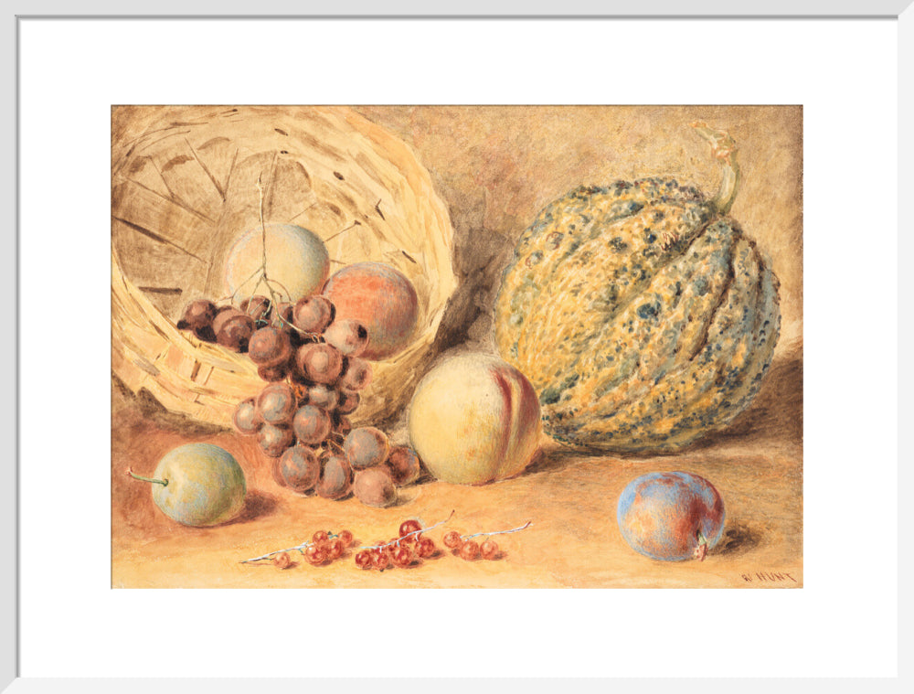 Basket with melon, peaches, grapes and plums (art print, large, white)