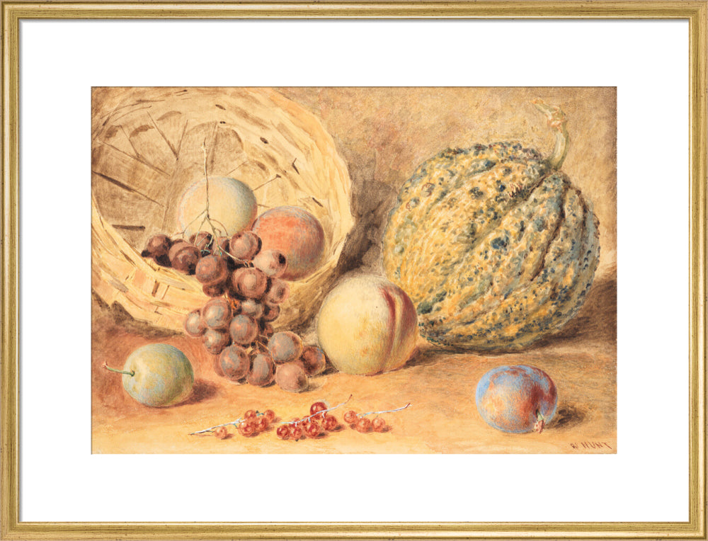 Basket with melon, peaches, grapes and plums (art print, large, gold)
