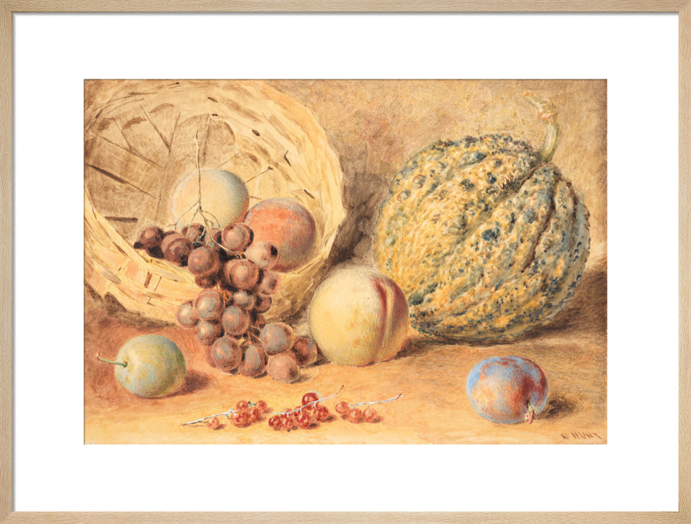 Basket with melon, peaches, grapes and plums (art print, large, natural)