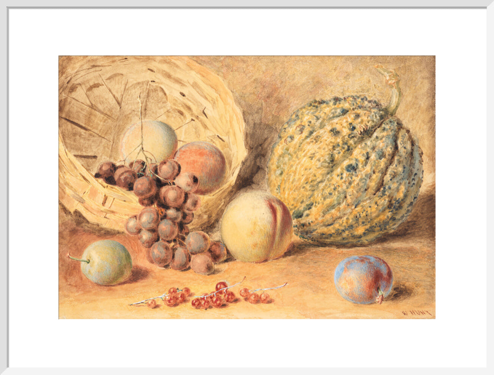Basket with melon, peaches, grapes and plums (art print, extra large, white)
