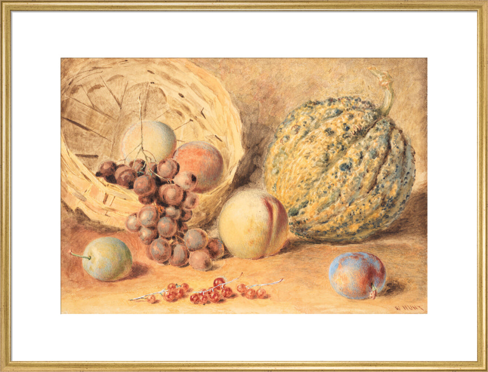 Basket with melon, peaches, grapes and plums (art print, extra large, gold)