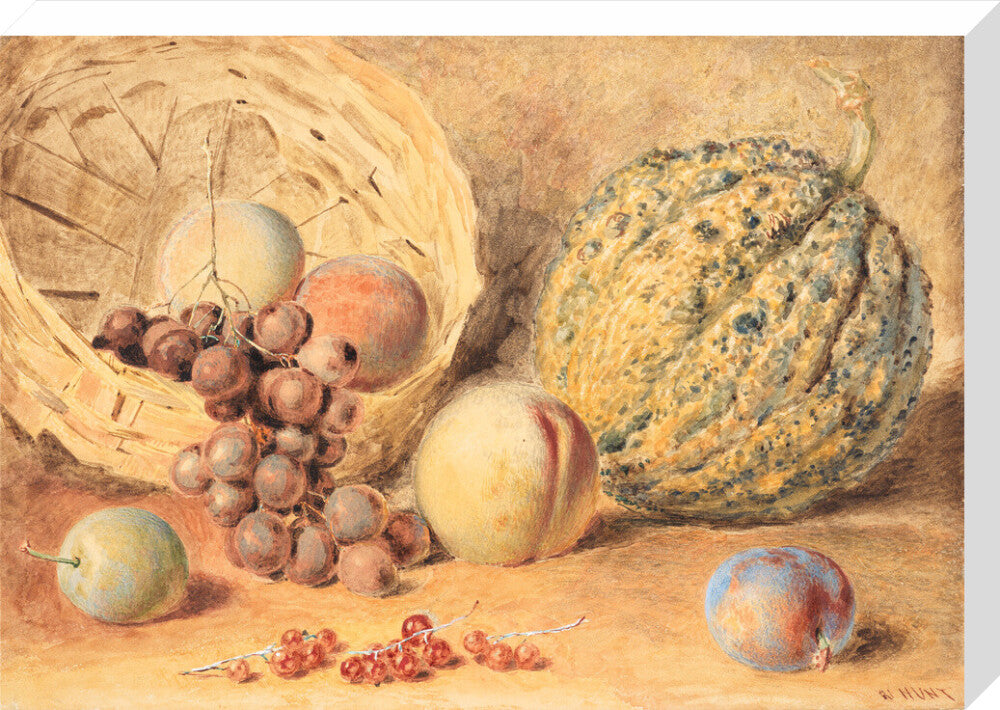 Basket with melon, peaches, grapes and plums (stretched canvas, large, unframed)