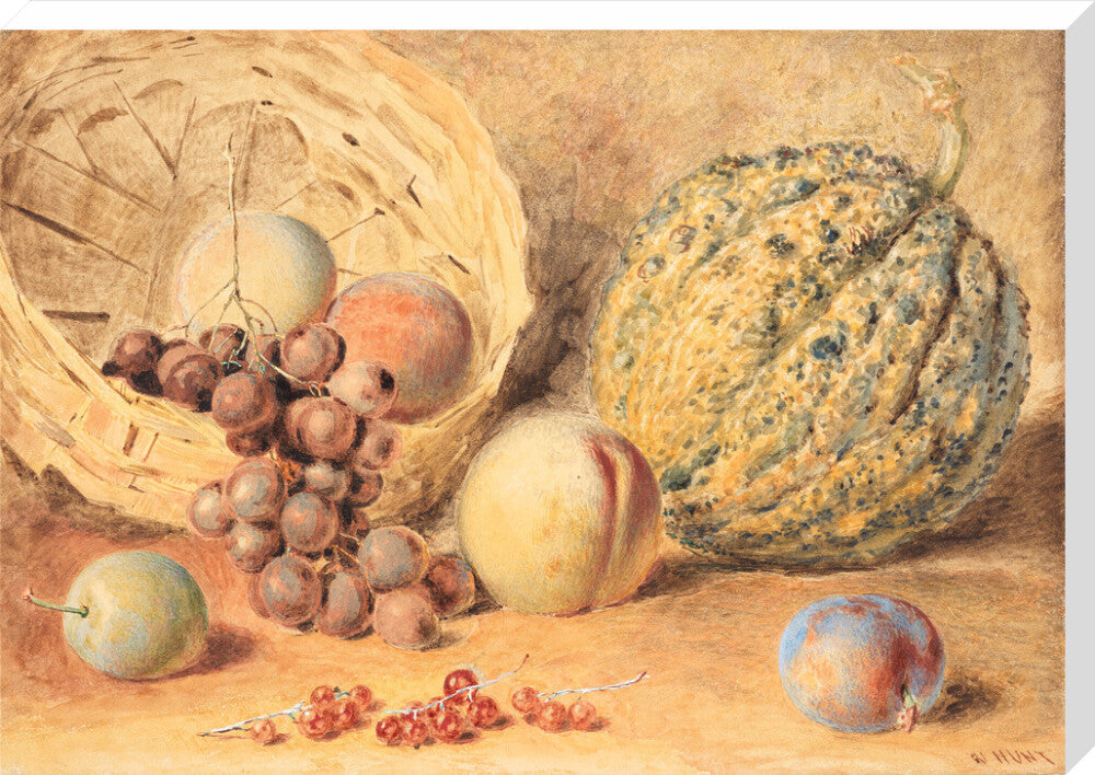 Basket with melon, peaches, grapes and plums (stretched canvas, extra large, unframed)