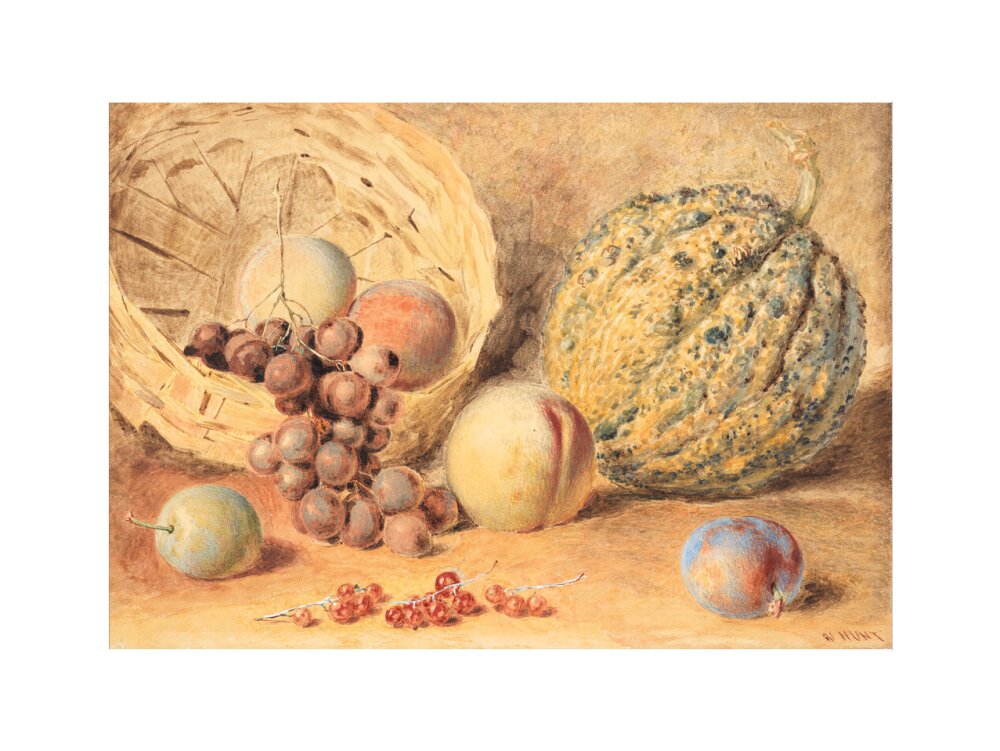 Basket with melon, peaches, grapes and plums (art print, extra large, unframed)