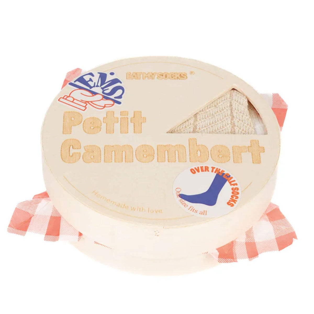 Petit Camembert cheese packaging with checkered ribbon on a white background