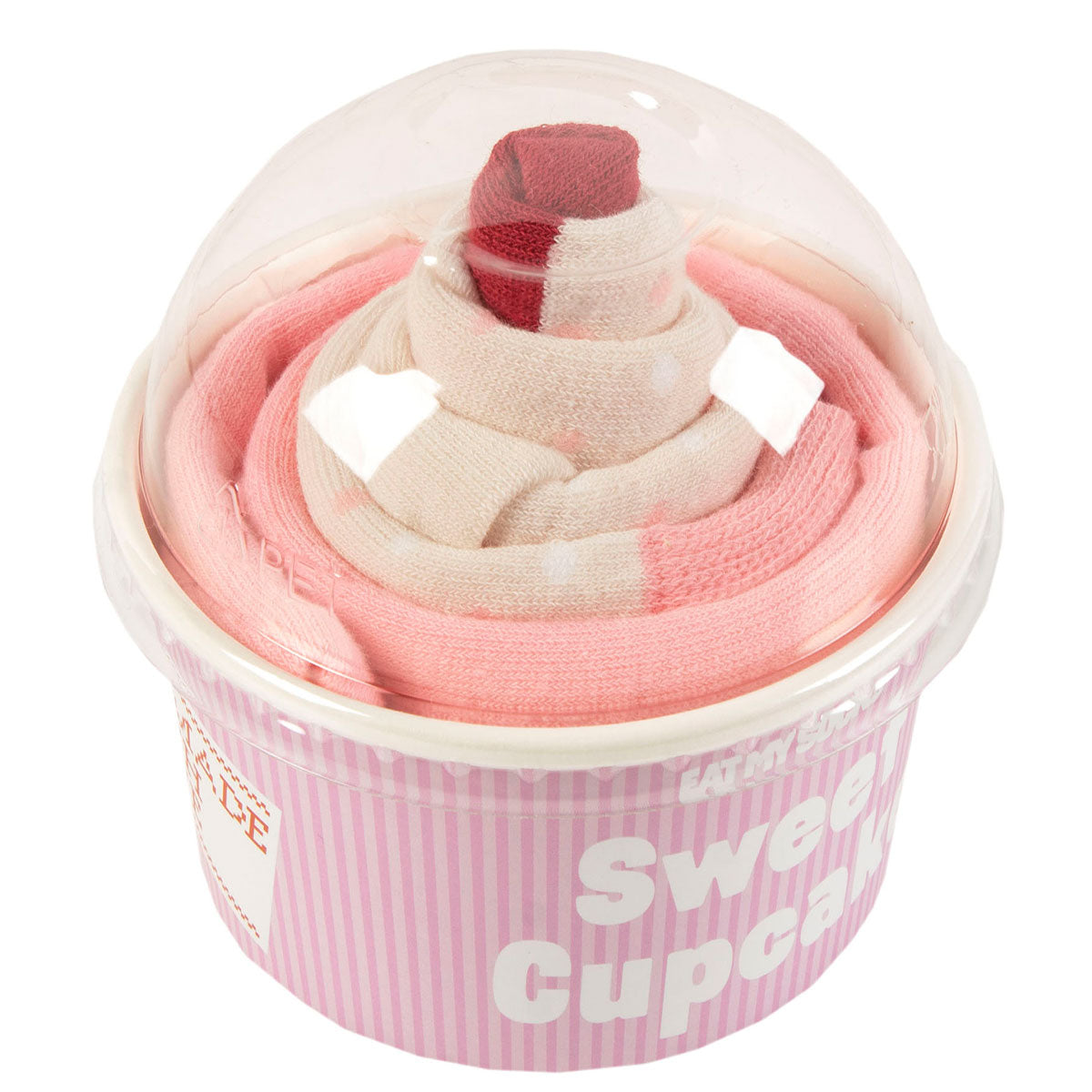 Pink and white striped socks in a cup labeled 'Sweet Cupcake' on a white background