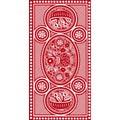 Decorative red card with intricate patterns and symbols on a white background