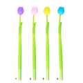 Four tulip-shaped pens with colorful tops on a white background