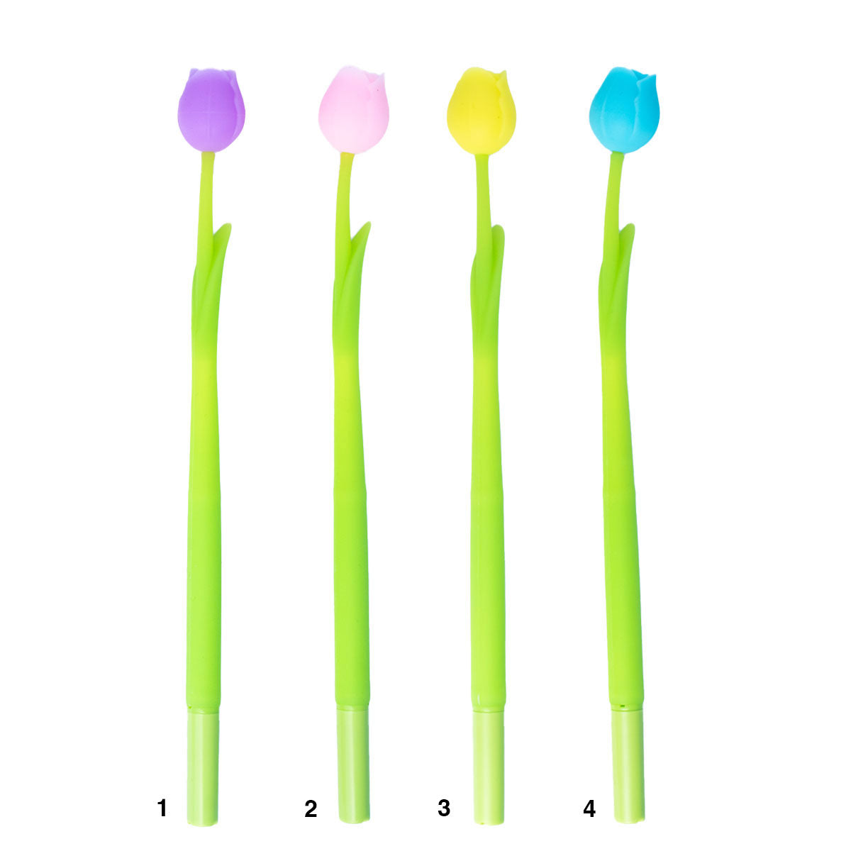 Four tulip-shaped pens with colorful tops on a white background