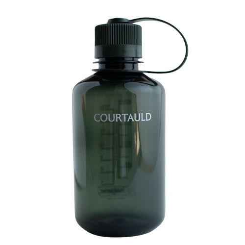 A dark green translucent Courtauld water bottle with a black ribbed cap and carrying loop, shown on a plain white background.