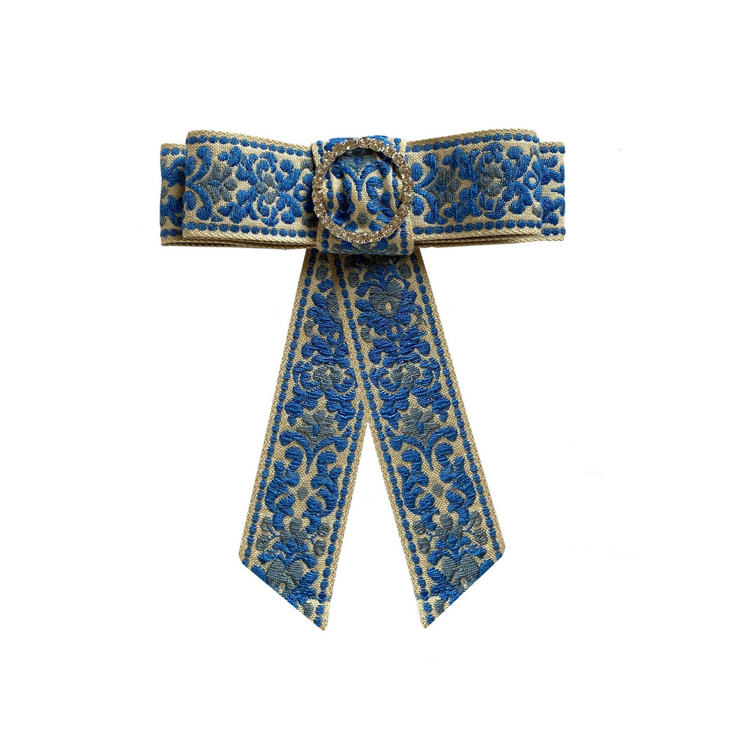 Embroidered Bow Barrette Blue