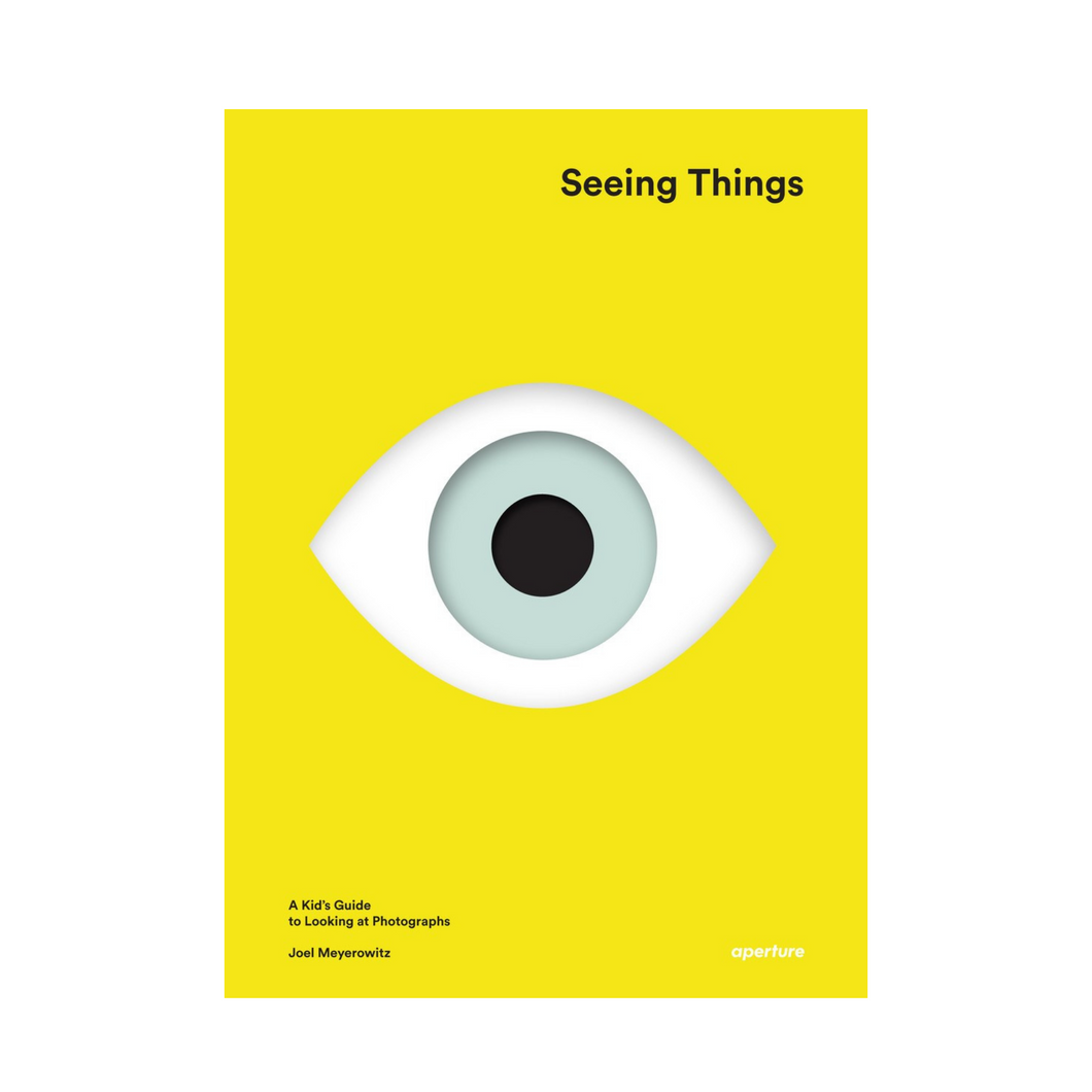 Yellow book titled Seeing Things - A Kid's Guide to Looking at Photographs with an eye illustration. 