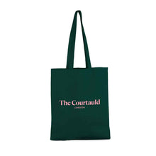 Load image into Gallery viewer, Essential cotton tote book bag in a dark green shade. Featuring our logo printed on the front in a soft pink. Printed in the UK. Fabric 100% cotton
