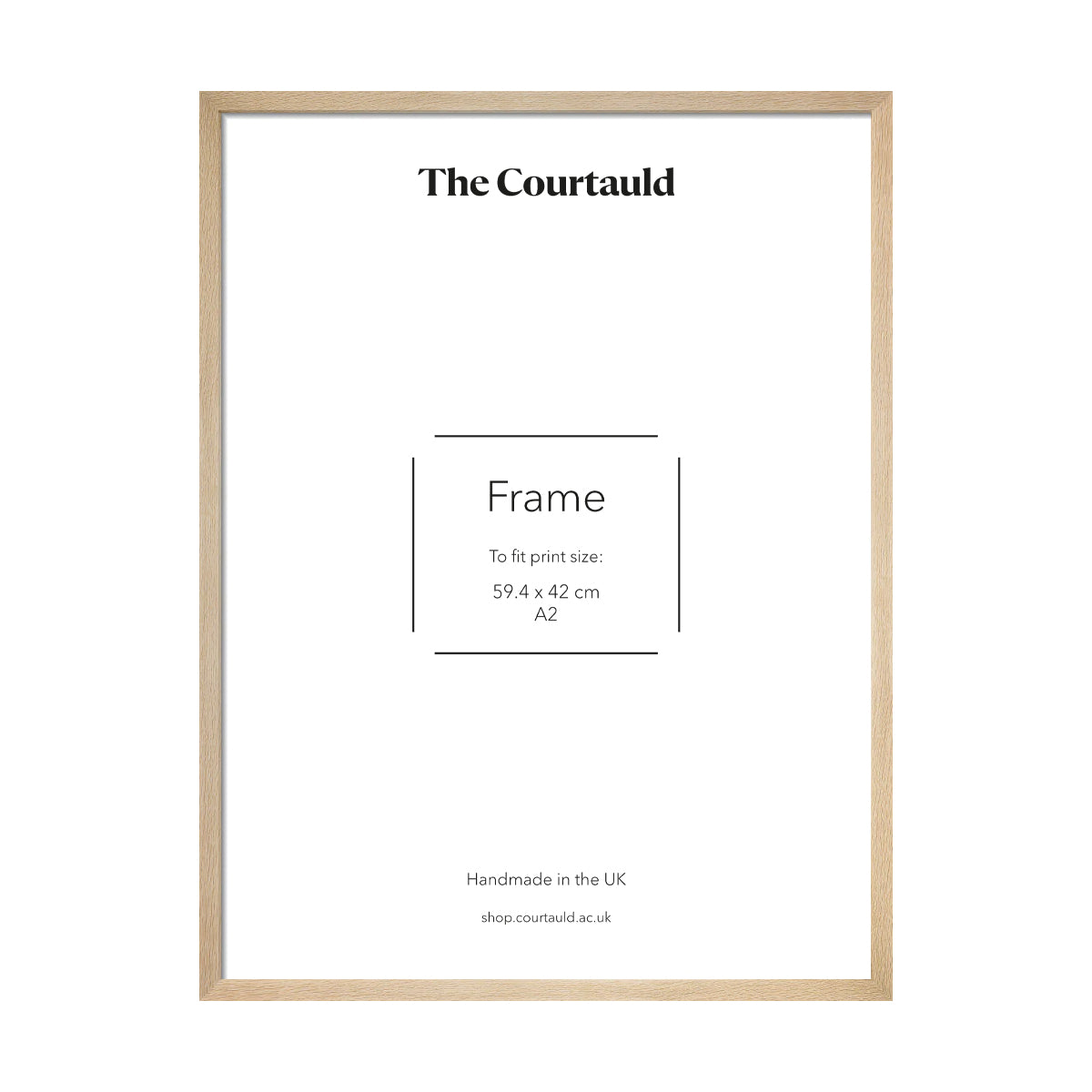 An A2 poster frame made of oak, with a white mount board and clear glass.