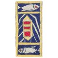A rectangular rug with minimal designs with a boat in the middle and fish designs on each side. 